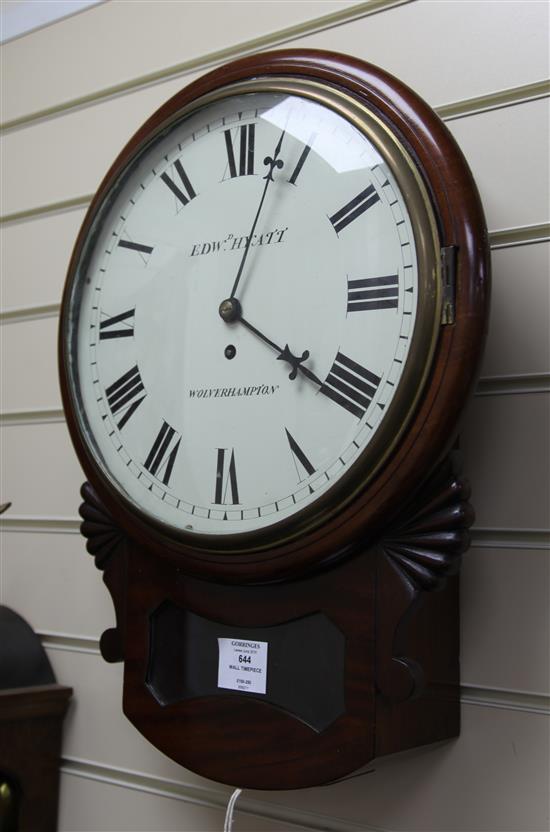 An early 19th century mahogany drop dial wall timepiece, 19in.